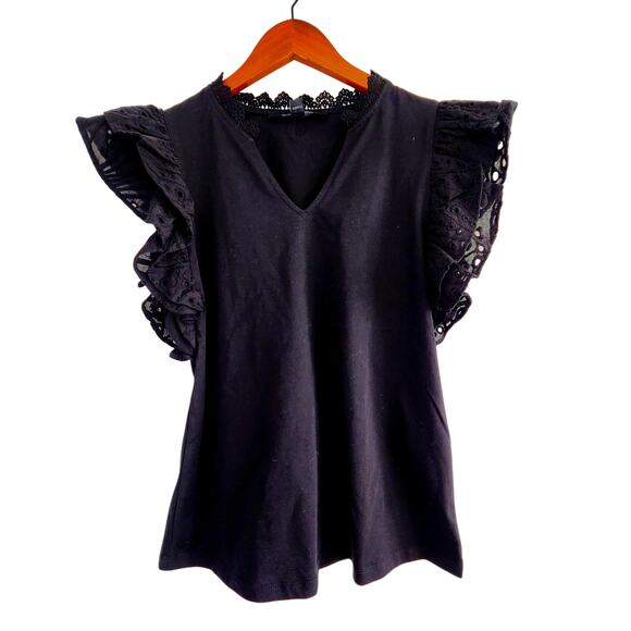 Marc New York Black V-Neck Eyelet Embroidery Ruffle Short Sleeve Top Size Small - Picture 1 of 5